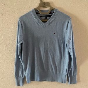 Tommy Hilfiger Pima Cotton Sweater Blue V-Neck Cozy Knit Logo Top Men’s X-Small